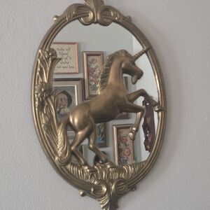 Vintage 1970s Regency Style Ornate Brass Unicorn Mirror